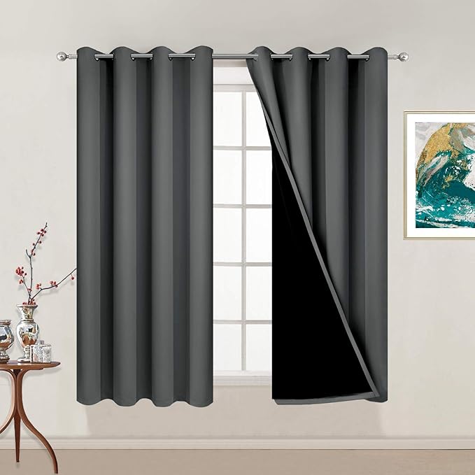 Yakamok Dark Grey 100% Blackout Curtains 54 Inch Length, Heat and Full Light