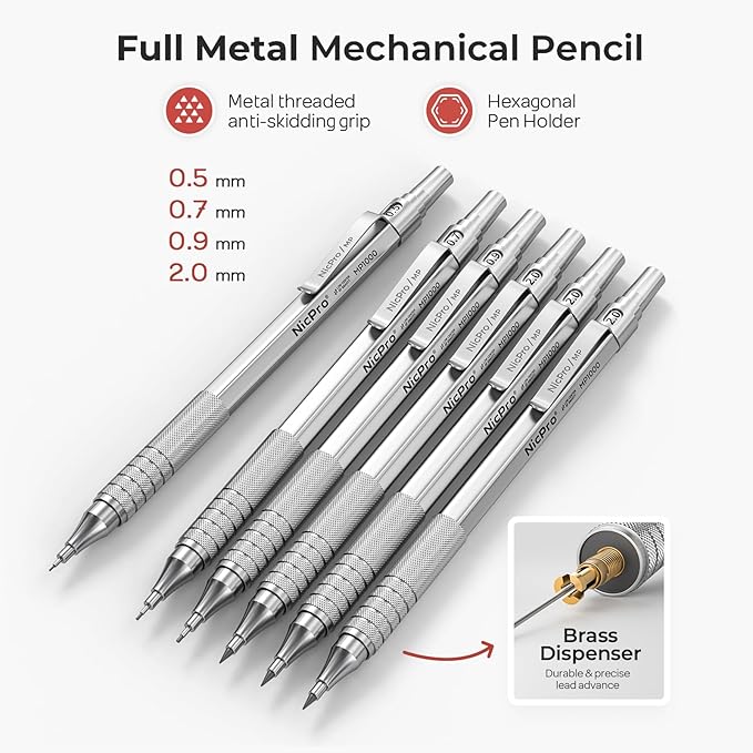 Nicpro 30PCS Silver Metal Mechanical Pencils Set in Leather Case, Art Drafting Pencil 0.5, 0.7, 0.9 mm, 2mm Lead Pencil Holder for Sketching Drawing With 16 Tube (6B 4B 2B HB 2H 4H Colors)Lead Refill