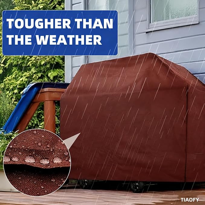 BBQ Gas Grill Cover for Outdoor, Anti-UV, Rip-Proof, 600D Oxford Fade Resistant Material, Barbecue Cover with Hook and Loop Straps & Adjustable Hem Drawstring (Reddish Brown, 55”x23”x42”)