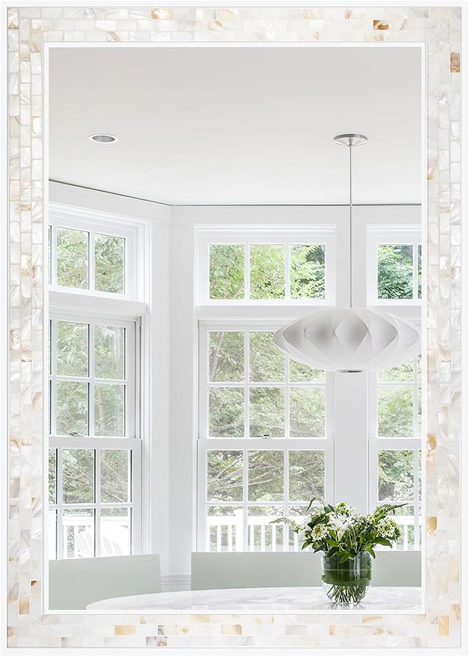 Wall Mounted Mosaic Mirror 30x40 Inch, Natural Mother of Pearl Inlay White
