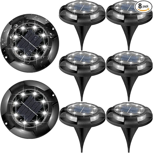 Solar Ground Lights Outdoor Waterproof, 8 Pack 12 LEDs Solar Garden Disk Lights Landscape Lighting for Outside Pathway Deck Yard Patio Lawn Driveway Walkway Deco (White Lights)
