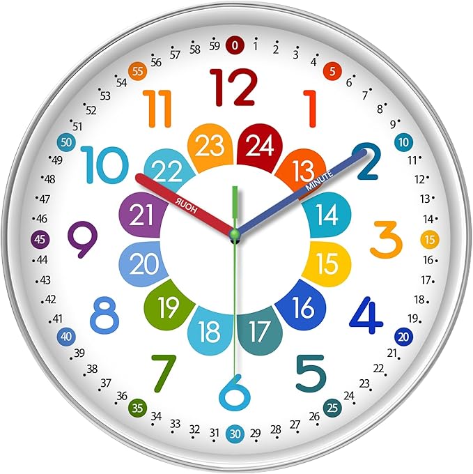 XFM Kids Wall Clock12 Inch Silent Non Ticking Kids Teaching Clocks Battery