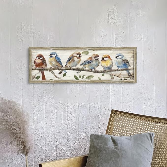 Colorful Bird Framed Wall Art: Cute Chickadee Wooden Painting Vintage Sparrow Picture Bluebird on Branch Prints Countryside Artwork Rustic Decor for Living Room Bedroom Farmhouse