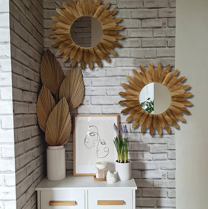 LOSOUR 2 Pack 22 Inch Boho Wall Sunburst Mirror Rustic Round Wood Decorative