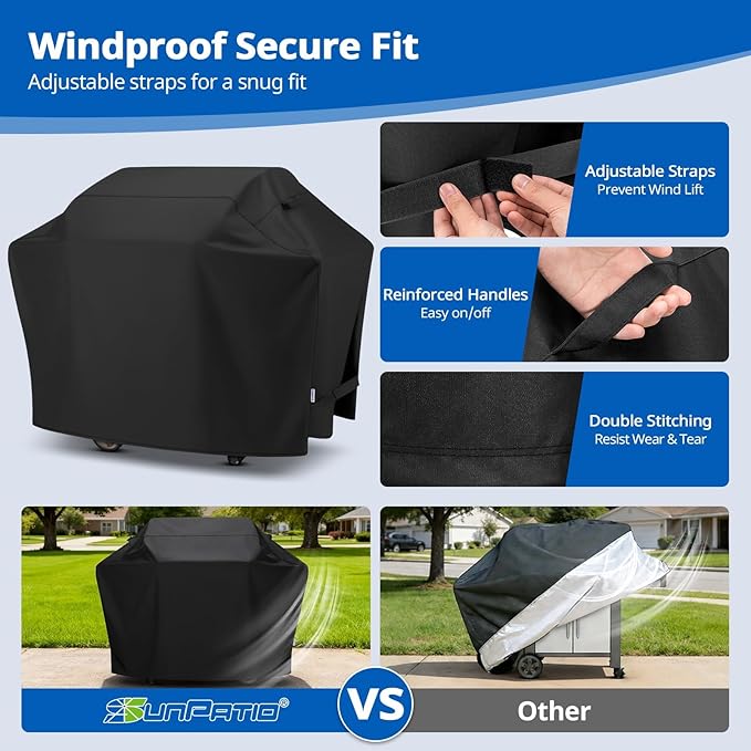 SunPatio BBQ Grill Cover 70 Inch, Outdoor Heavy Duty Waterproof Barbecue Gas Grill Cover, Fade Resistant, All Weather Protection Compatible for Weber Charbroil Kenmore Brinkmann and More, Black