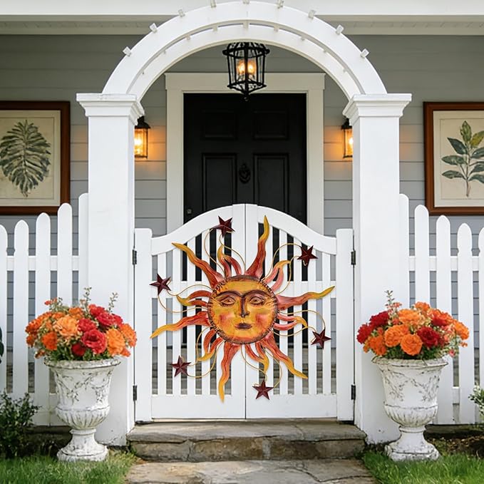 VESTCDF Metal Wall Art Decor Outdoor 30 inch Sun Wall Hanging Decoration for Graden 3D Sun Face Metal Wall for Living Room Garden Yard Patio(Star)
