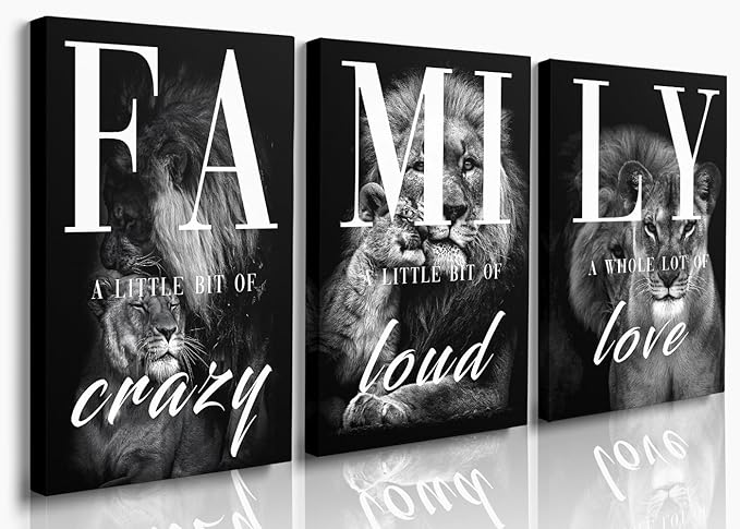 GUBIYU Black Gray Animal Wall Art Set of 3 Lion Prints