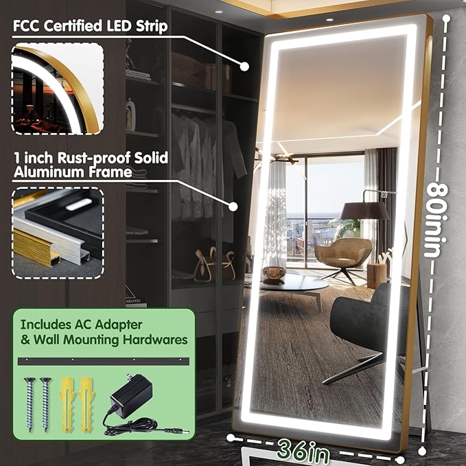 FENNIO Full Length Mirror with Lights, Wall Mounted Hanging Mirror with Lights
