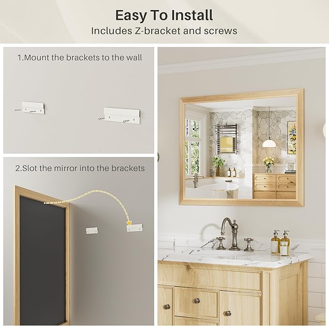 48x32 Inch Bathroom Mirror for Wall, Anti-Rust Oak Wood Grain Metal Framed