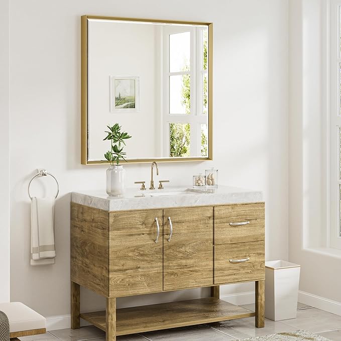Gold Bathroom Mirror 36x36 Inch Square Beveled Bathroom Vanity Mirror Brushed