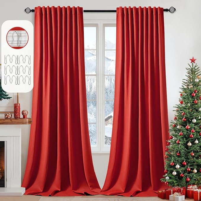 MIULEE Christmas Red Back Tab Blackout Curtains 108 Inch Long 2 Panels Set