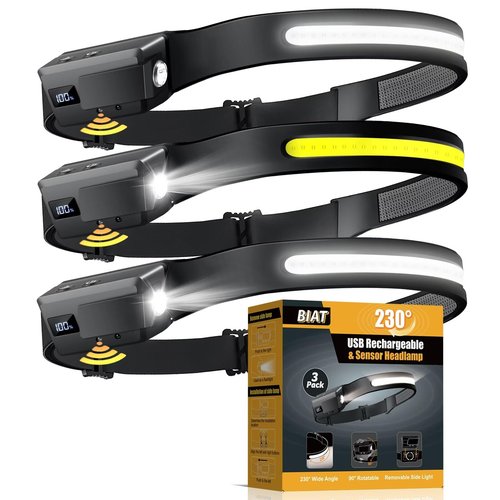 LED Headlamp Rechargeable 3PCS, 230ÃÂ° Wide Beam Headlight with Motion Sensor, 90ÃÂ° Rotation and Removable Head Lights for Forehead, 5Mode Head Lamp for Adults, Camping Essentials Gear for Hiking