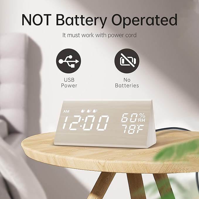 Digital Alarm Clock, with Wooden Electronic LED Time Display, 3 Alarm Settings, Humidity & Temperature Detect, Wood Made Electric Clocks for Bedroom, Bedside (White)