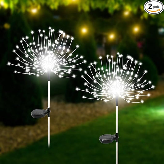 Slyuexu Solar Garden Lights Outdoor Waterproof, 2 Pack 120 LED Solar Firework Lights Decorative Garden DÃ©cor Outside for Flowerbed Pathway Party Christmas Decoration, White