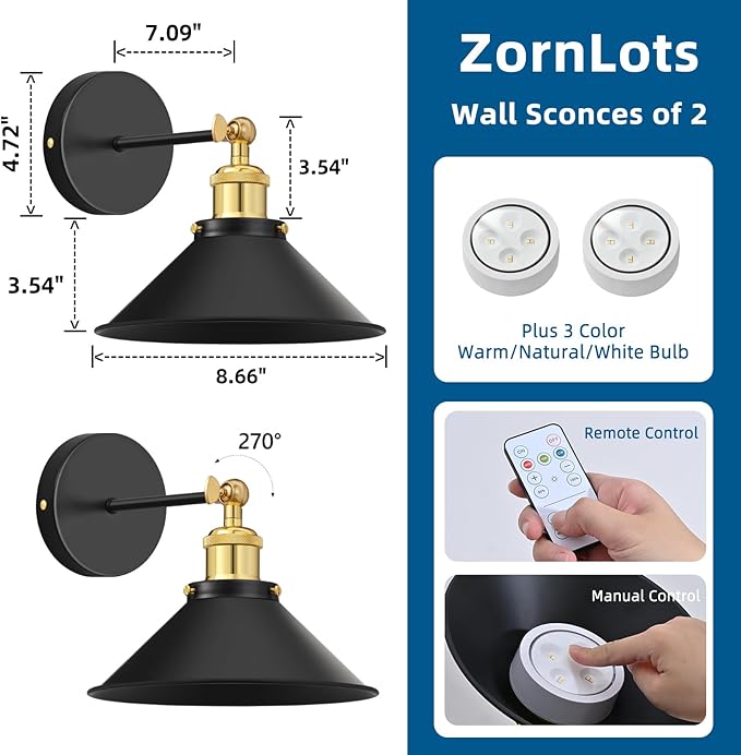 Battery Operated Wall Sconce Set of 2, Vintage Wireless Wall Sconces