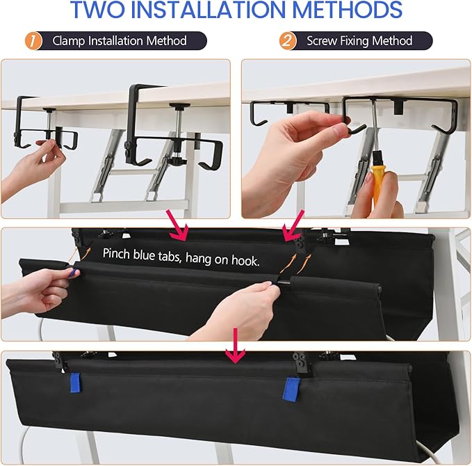 48" Under Desk Cable Management Tray- Clamp/Screw Mount Desk Cable Organizer Cable Tray Hiders for Office&Home