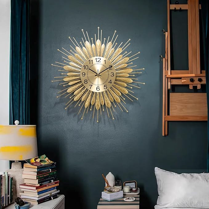 Large Wall Clock, 23inch Gold Wall Clock Non-Ticking Mid Century Wall Clocks