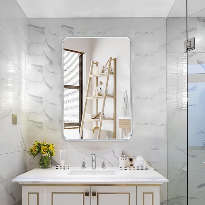 Wall Mount Mirror for Bathroom, Brushed Silver Metal Framed Rounded Corner