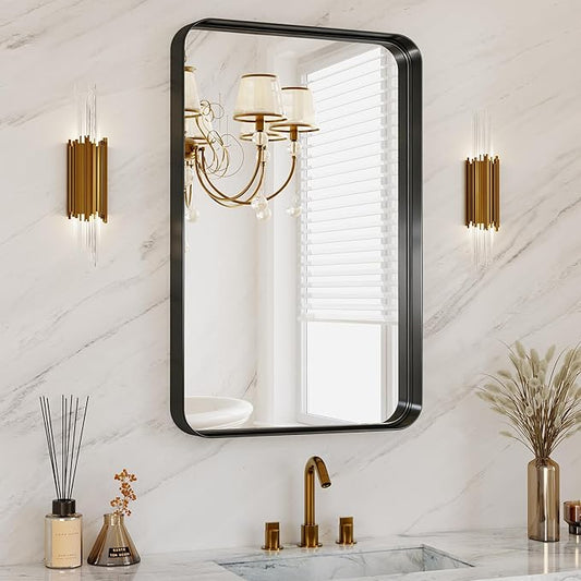 Bathroom Mirror for Wall, 30x22 Inch Rectangle Mirror, Matte Black Metal Framed