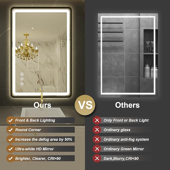 24"x36" Black Framed LED Bathroom Mirror, Lighted Wall Mounted Bathroom Mirror