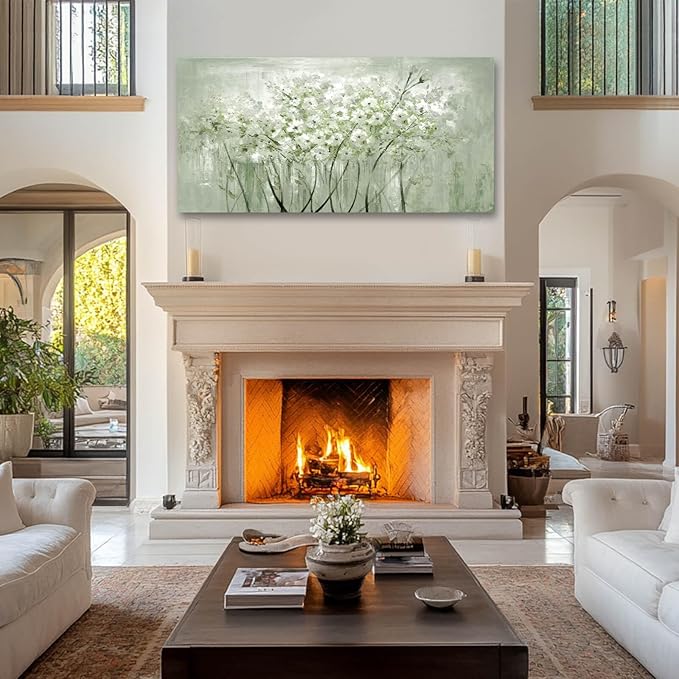 MLART99 Modern Artwork Wall Decor White Flowers Picture Art 24"x48" Plant Wall