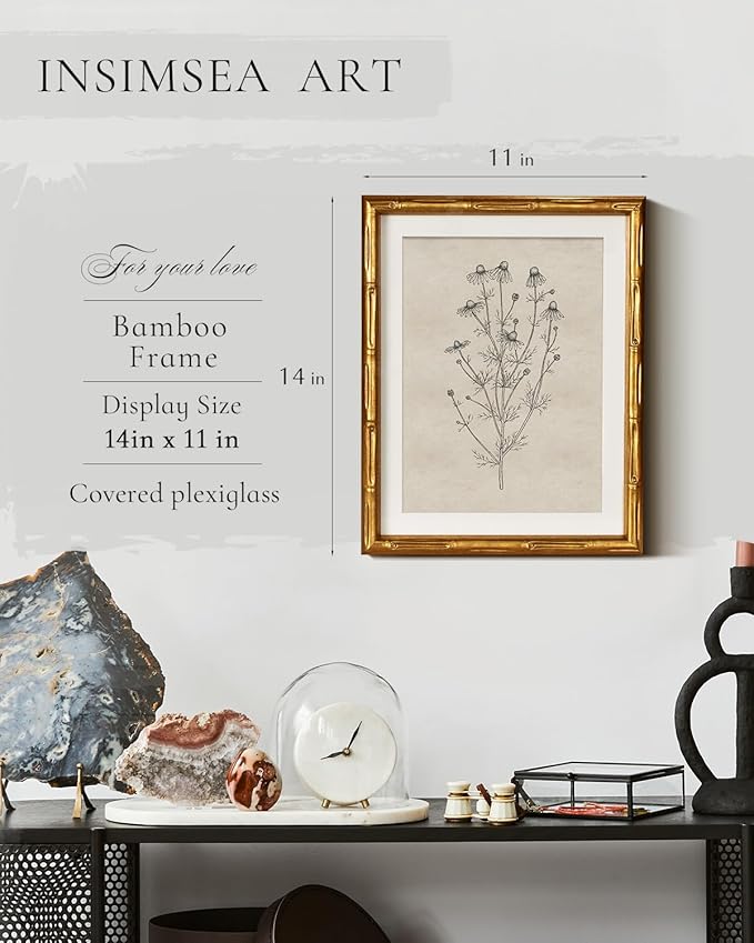 InSimSea Gold Bamboo Framed Canvas Wall Art, Minimalist Chamomile Botanical
