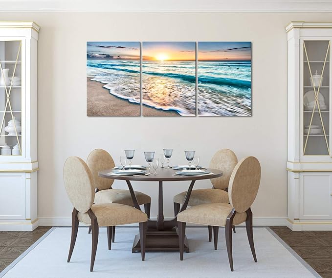 Wieco Art 3 Panels Blue Beach Sunrise White Wave Pictures on Canvas Wall Art