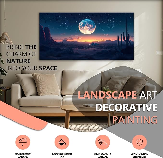 JLXART Moon Wall Decor Canvas Prints Desert Landscape Wall Art Night Boho Cactus Nature Paintings Modern Mountain Pictures For Living Room 30X58inch