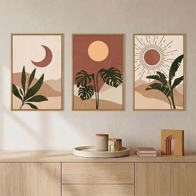 KAIRNE Vintage Sun and Moon Framed Canvas Wall Art Set,Boho Desert Botanical Wall Decor,Abstract Green Terracotta Art Prints,Retro Minimalist Artwork for Living Room,Bedroom,Farmhouse,Office-16"x24"x3