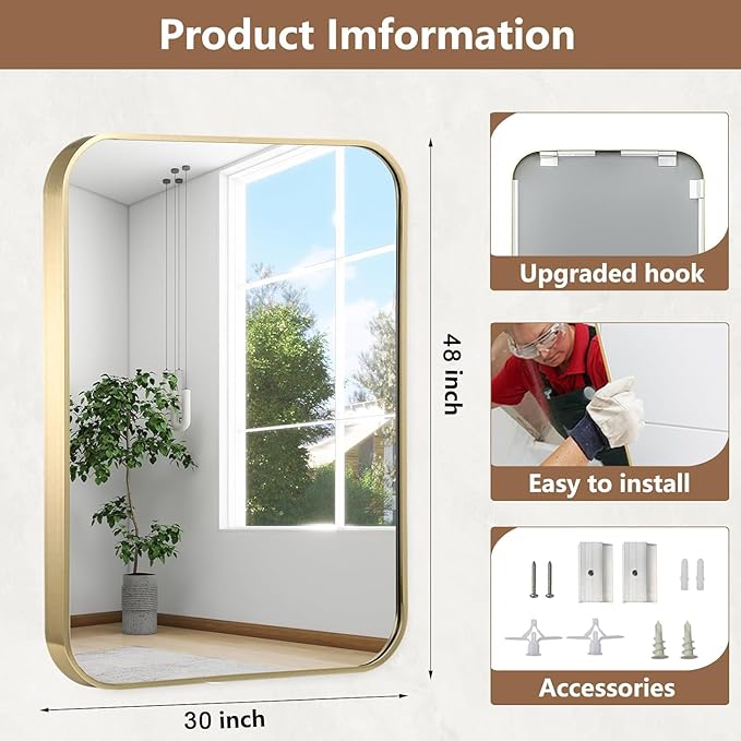 48x30 Inch Gold Bathroom Mirror, Brushed Gold Metal Framed Rectangular Mirror
