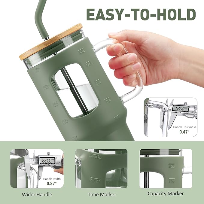 Glass Tumbler with Straw and Lid, 40 oz glass cup with handle, Glass Water Bottles with Time Marker, Silicone Protective Sleeve-Olive