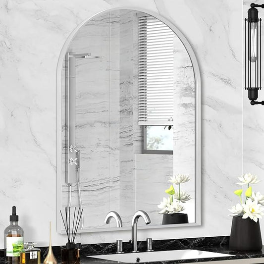 22" x 30" Silver Arched Mirror, Arch Bathroom Vanity Mirror, Modern Aluminum