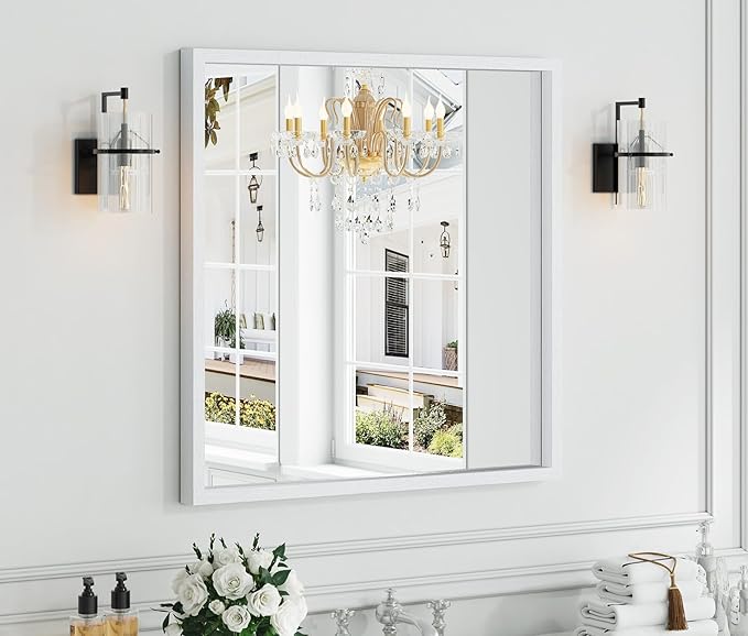Syndra Square White Wood Frame Bathroom Mirror, Waterproof Slim Deep Frame
