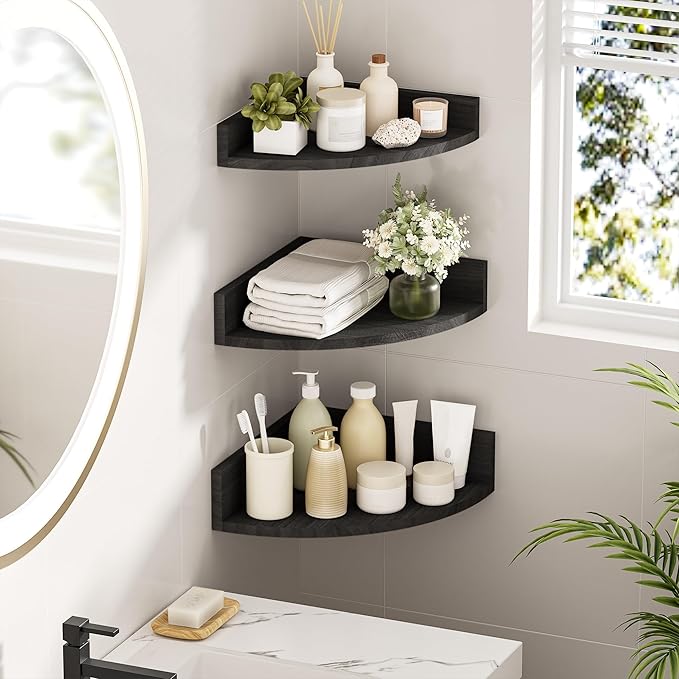 Alsonerbay Black Corner Shelf Wall Mount, Rustic Wood Shelves