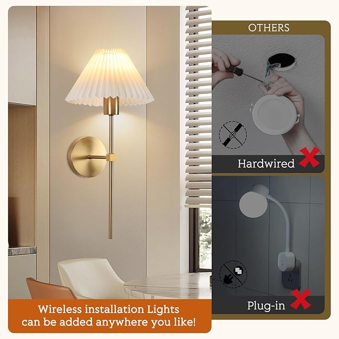 Gold Wireless Wall Sconce Sets of 2, Pleated Shades Rechargeable Battery
