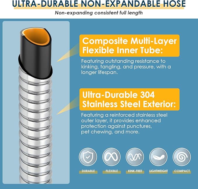 25 FT Stainless Steel Garden Hose with 10-Function Spray Nozzle, Kink-Free Flexible Metal Water Hose, Solid Brass 3/4'' Connectors, Heavy Duty, Durable, Leak-Proof, Lightweight, Tangle-Free