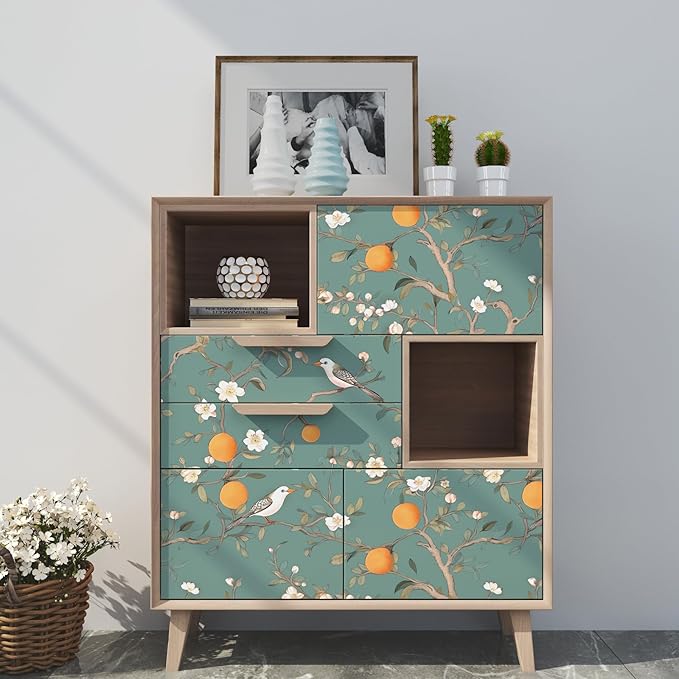 Green Floral Wallpaper Peel and Stick, Birds & Orange Fruits Contact Paper