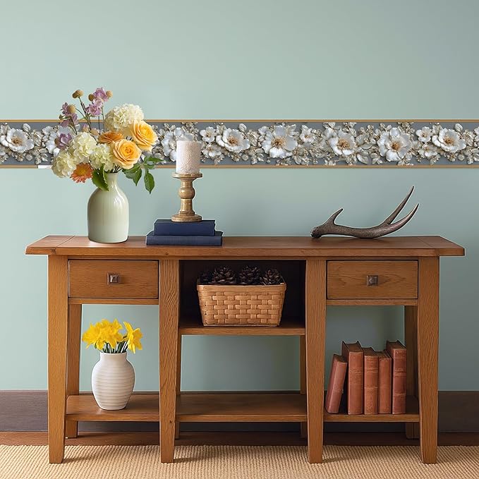 Pearl Wallpaper Border 196x4 Inch Peel and Stick Wall Border Elegant Gray White