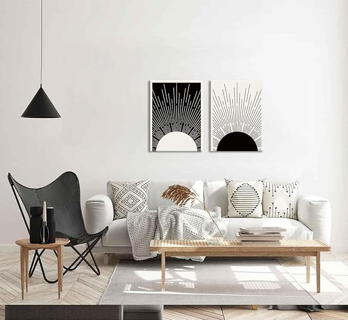 Hwetui Framed Boho Sun Wall Art Set of 2 Black and White Minimalist Sunrise