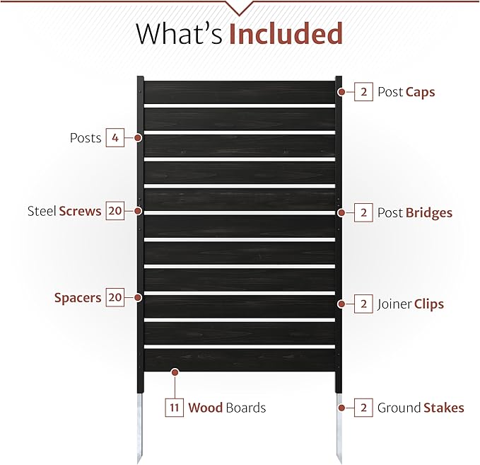 5ft H x 3.2ft W No Dig Charcoal Wood Privacy Screen, Great to Hide Trash Cans