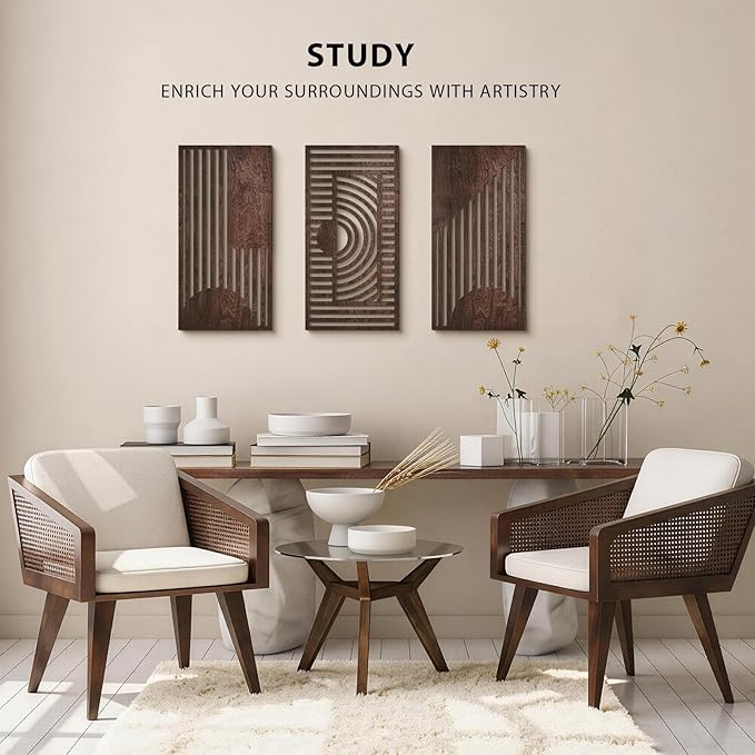 VIYYIEA Boho Solid Wood Carved Wall Art Set of 3, Geometric Minimalist Wooden