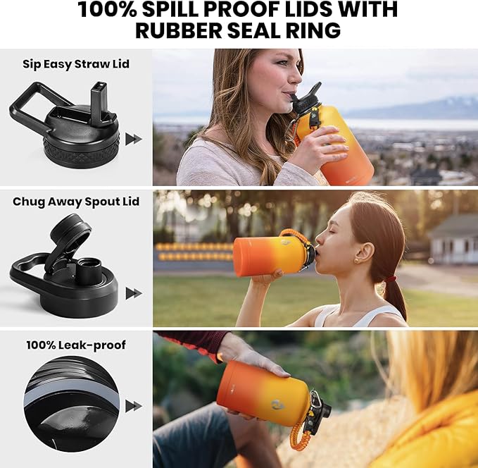 Insulated Water Bottle 64 oz, Triple Wall Vacuum Stainless Steel (Cold for 48 Hrs), Leak Proof & Non-BPA, Half Gallon Water Flask Jug with Paracord Handle & Straw Spout Lids, Ombre Orange