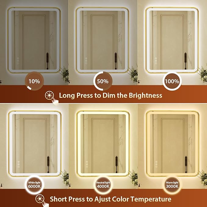 28x40 Inch Gold Framed LED Bathroom Mirror