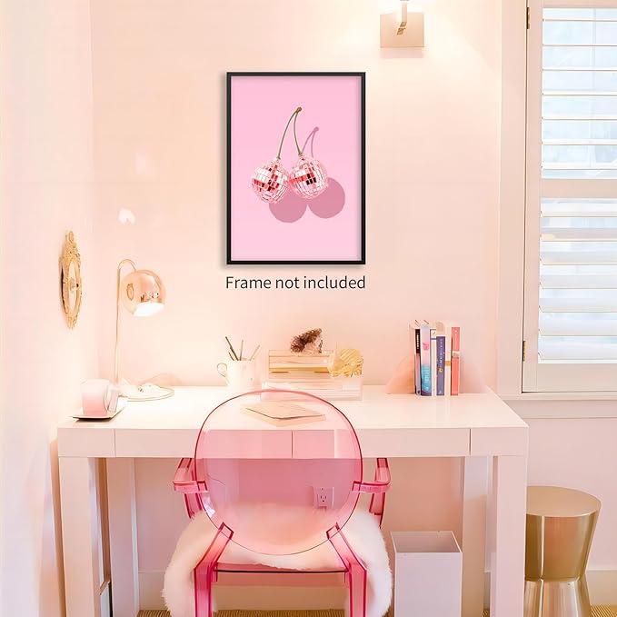 jkahh Funky Pink Cherry Poster Retro Disco Ball Canvas Wall Art Trendy Preppy