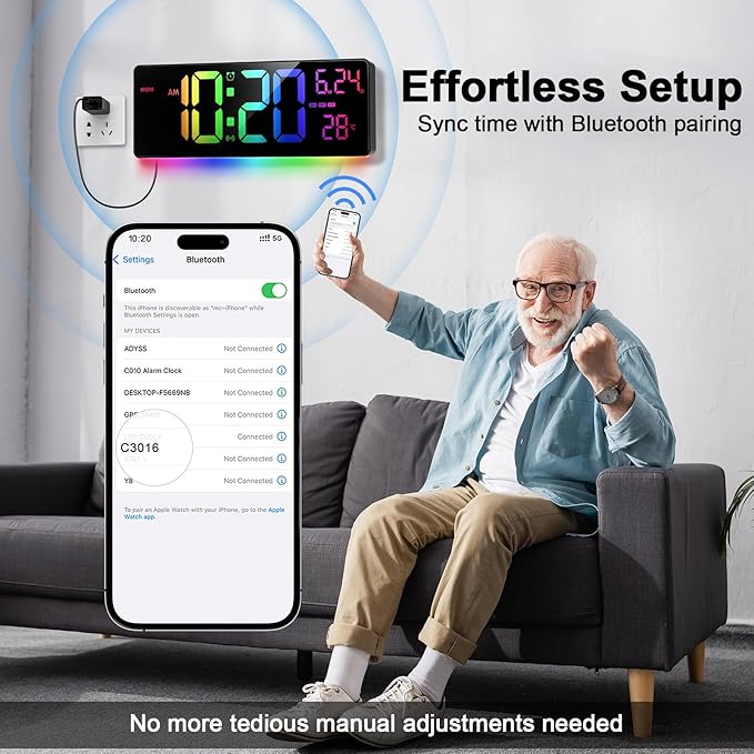 16" Bluetooth Large Digital Wall Clock/Auto Time Sync, 10 RGB Colors Digital