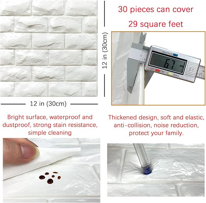 30PCS 3D Wall Panels Peel and Stick Faux Brick Wallpaper White Self Adhesive