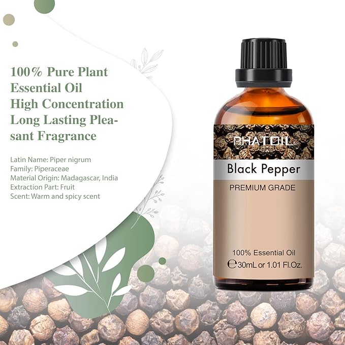 Black Pepper Essential Oil, 1.01Fl.Oz (30ML) PHATOIL Pure Essential Oil Singles for Aromatherapy Diffusers, Humidifiers, Great for DIY Candle and Soap Making, Gift for Friend