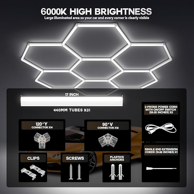 31-Lights LED Hexagon Honeycomb Shop Light, 800 Lumens Super Bright 7-Hex DIY