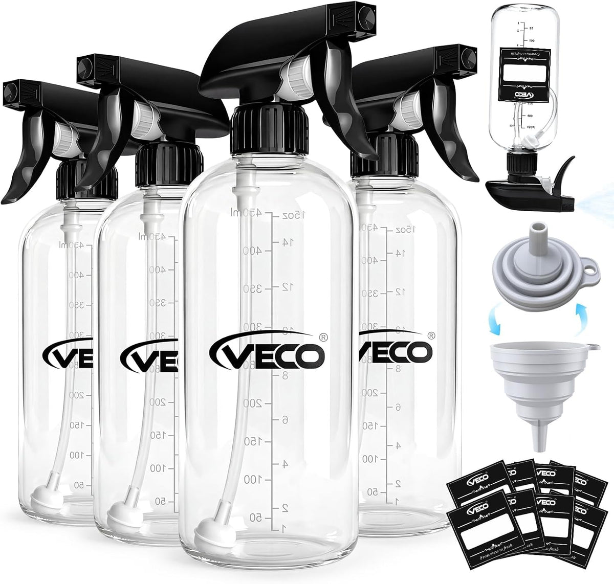 Veco 500mL Graduated Spray Bottles - 360ÃÂ° Any-Angle Spraying, Leak-Resistant | 4-Pack with Foldable Funnel