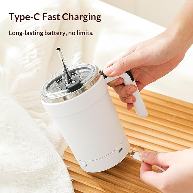Self Stirring Coffee Mug with Lid,304 Stainless Steel Self Stirring Cup,Rechargeable Coffee Mug with Temperature Display,Suitable for Home and Office (White)